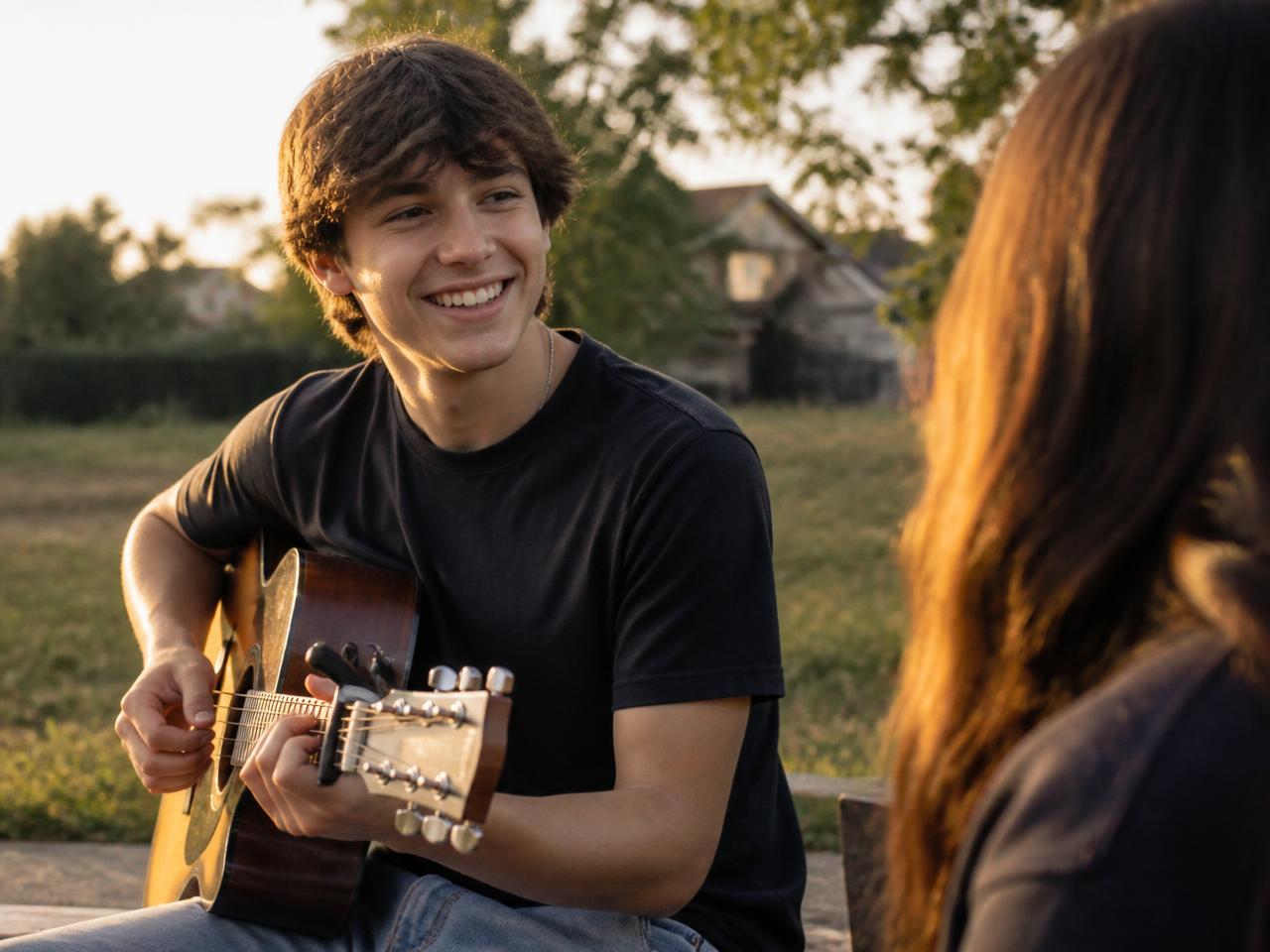 Un adolescente sonriente tocando la guitarra y conversando con un amigo