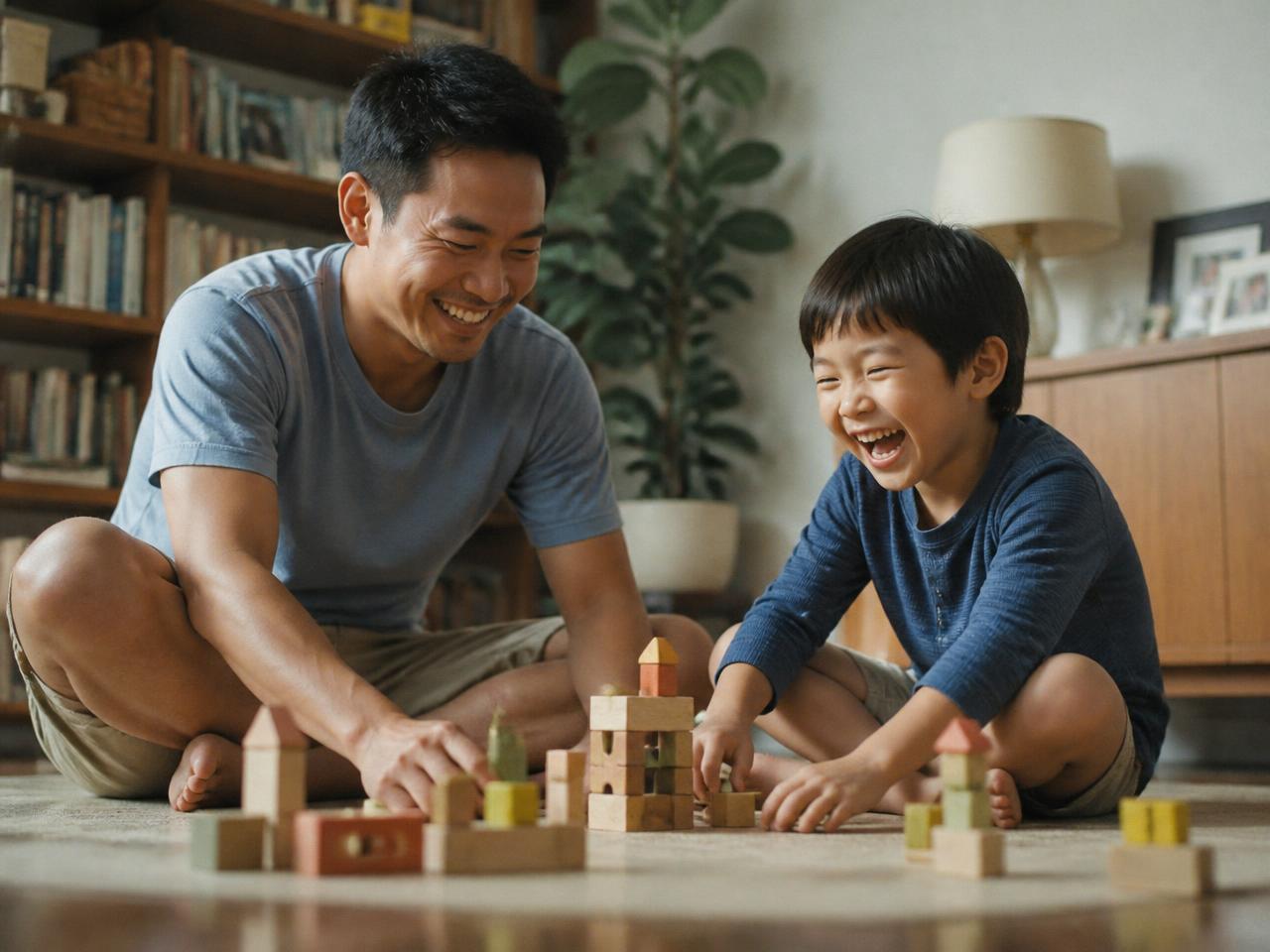 Un padre y su hijo pequeño jugando con bloques de madera en el suelo del salón